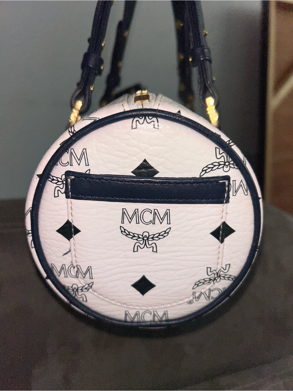 MCM White & Navy Visetos Barrel Bag with Gold Hardware - Picture 3 of 8